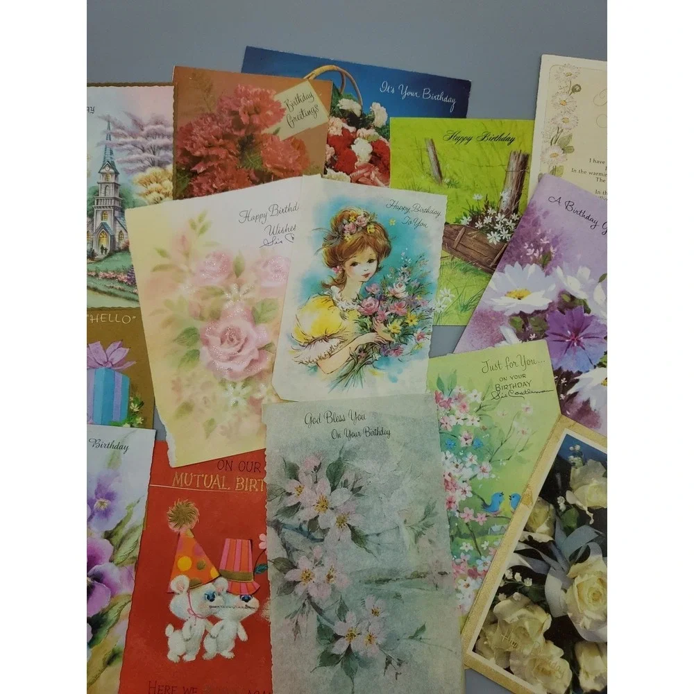 15 Old Vintage‎ Used Greeting Card Fronts for Crafts Mice Flowers Birthday